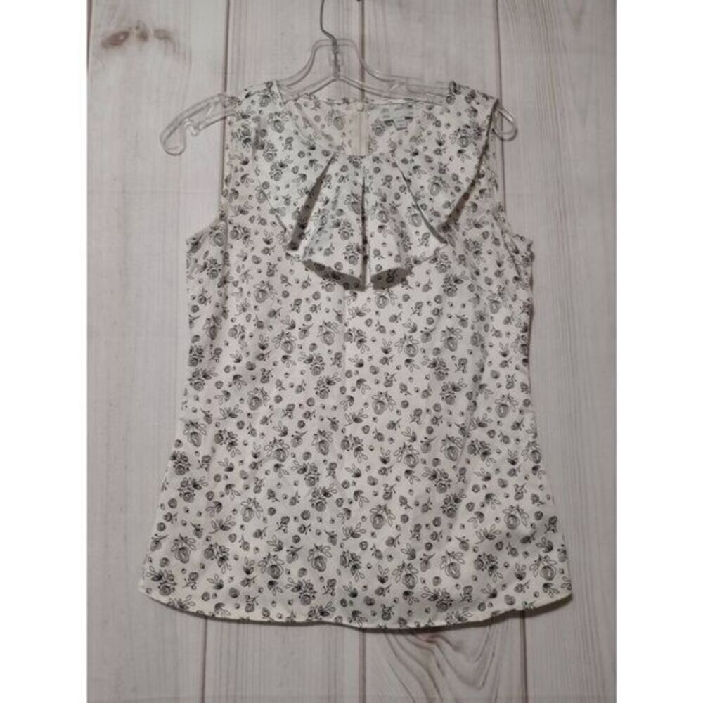 Gap Sleeveless Floral Blouse Ruffle Neck‎ Ivory Black XS